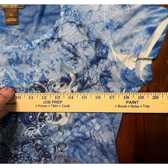 Jane Ashley women's blue patterned cap sleeve top size XL asymmetrical hem - Picture 7 of 8